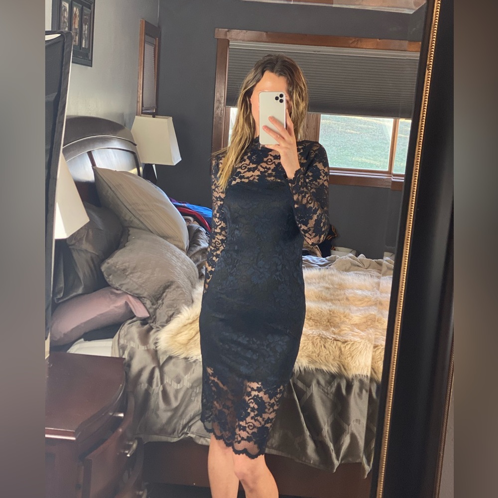 Ganni Long Sleeve Lace Turtle Neck Maxi Sheath Dress, Size 36